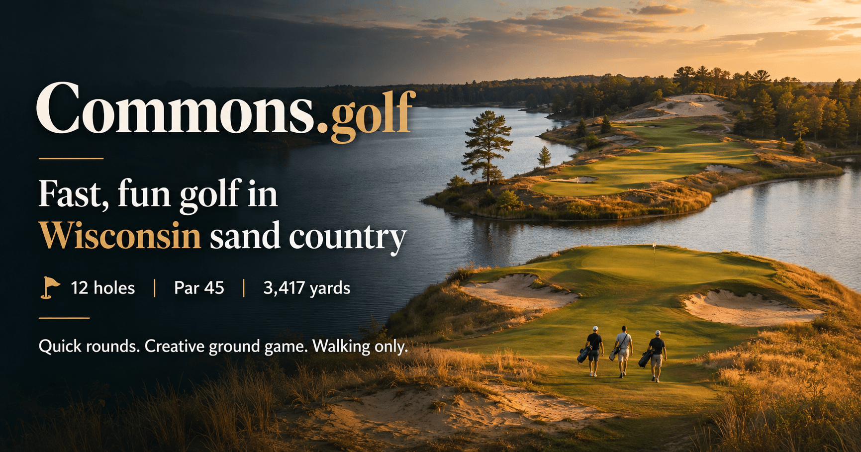 Commons.golf branded card - Commons: the 12-hole walk at Sand Valley that crosses itself and finishes on the Luna Lake peninsula.