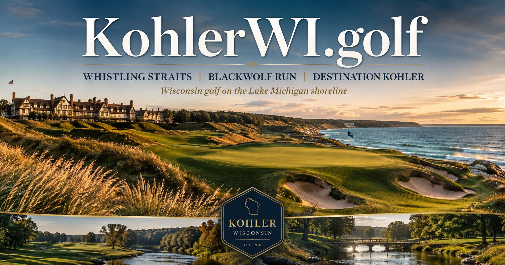 KohlerWI.golf branded card - A geographic golf domain pointing at Kohler, Wisconsin, home of Whistling Straits and Blackwolf Run.