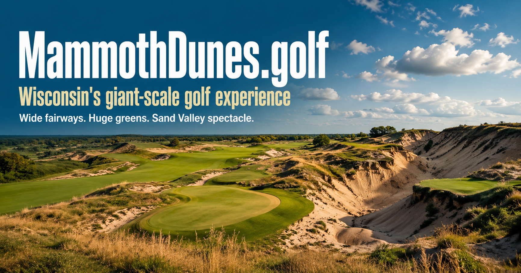 MammothDunes.golf branded card - David McLay Kidd's wide-fairway 2018 course at Sand Valley, built around a huge V-shaped sand ridge.